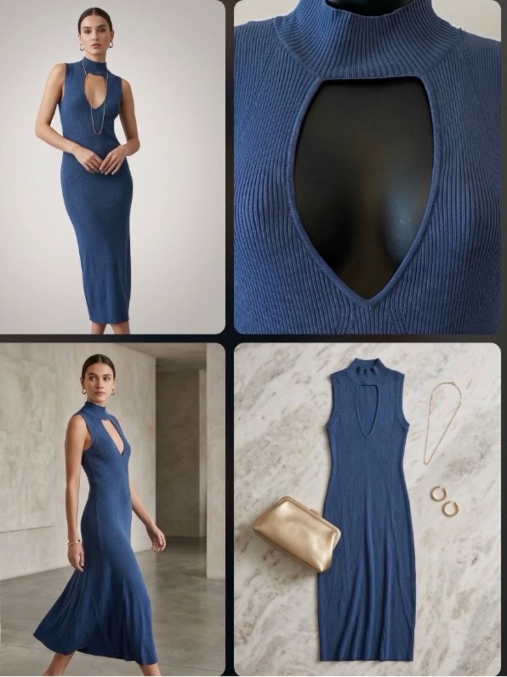 Guess Sleeveless Ribbed Midi Dress in Blue Keyhole Cutout NWT size S